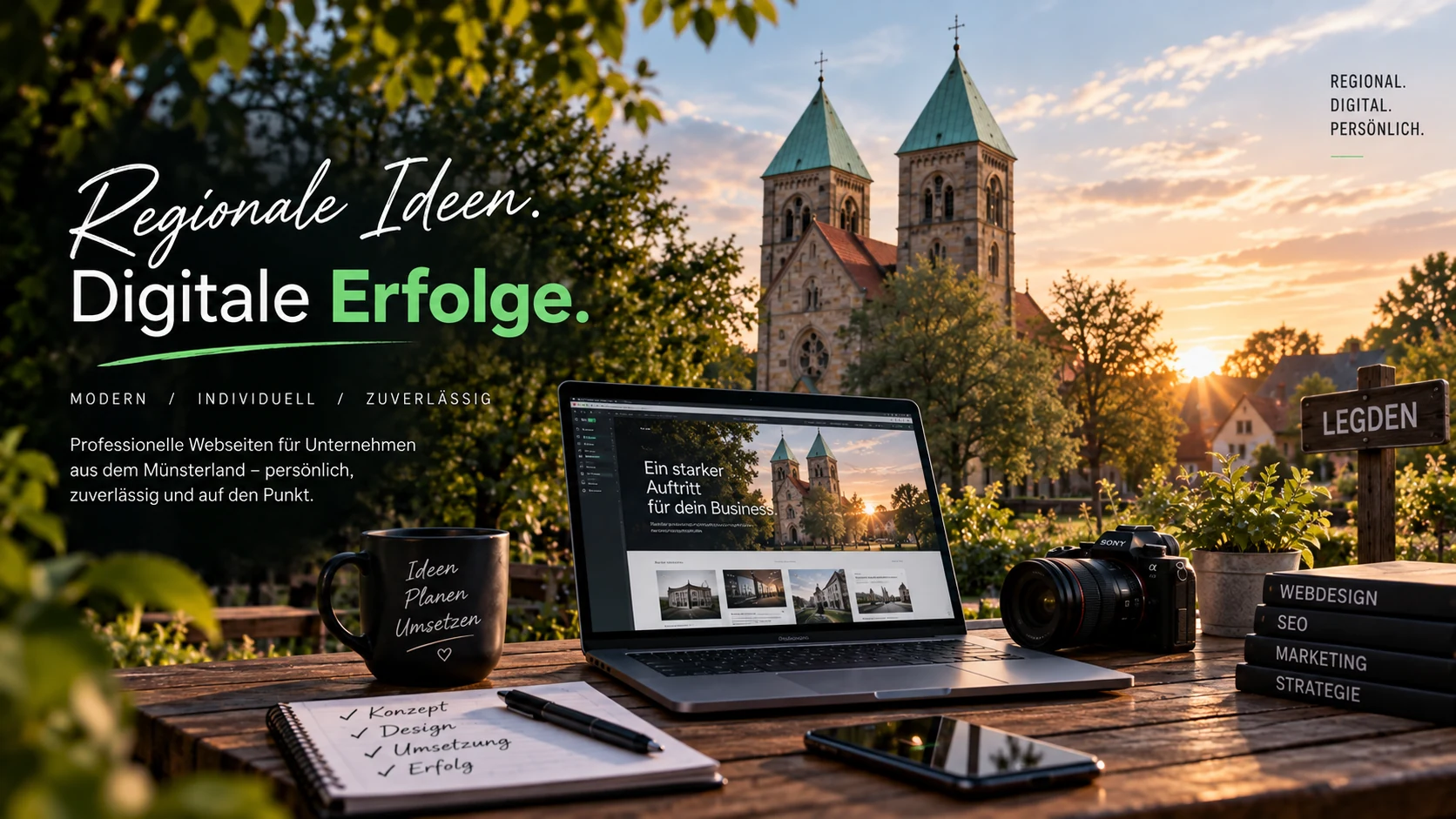 Arbeitsplatz im Freien mit Laptop vor der Legdener Kirche als Hero-Motiv von Webschmiede Münsterland