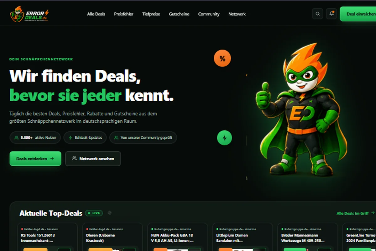 Startseite von Errordeals.de mit aktuellen Top-Deals